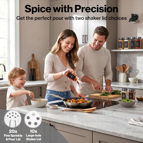 EDELHAUS Glass Spice Jars with Label, 24x Space Gray Stainless Steel Lids | Airtight lids keep spices fresh; use as a spice organizer, seasoning containers or 4 oz jar set; funnel, brush & 240 labels - color: Space Gray Stainless Steel Lid