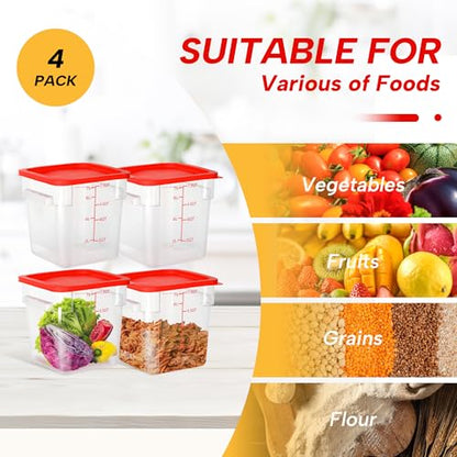 4 Pack 8QT Square Food Storage Containers with Lids | Clear NSF polycarbonate containers with scale, label and measuring cup, stackable for prep, storage, freezer. Dishwasher safe - color: 8Qt