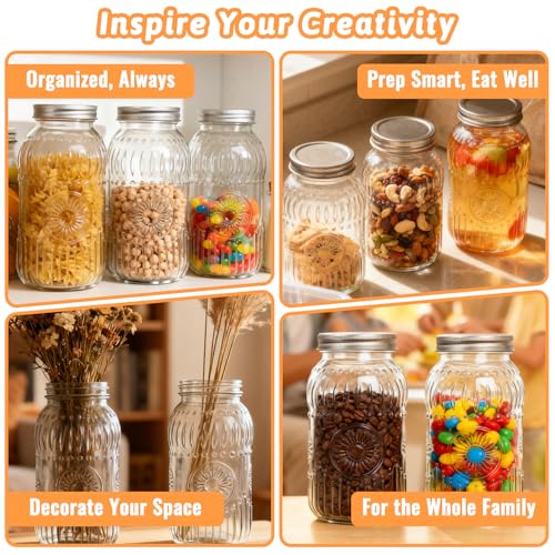 64oz Glass Wide Mouth Mason Jars, 3 Pack with Sunflower Pattern | Large Half Gallon Mason Jars with Airtight Lids & Bands for Pantry, Canning, Fermenting & Pickling or Storing - color: Clear-64oz-3pcs-01