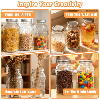 64oz Glass Wide Mouth Mason Jars, 3 Pack with Sunflower Pattern | Large Half Gallon Mason Jars with Airtight Lids & Bands for Pantry, Canning, Fermenting & Pickling or Storing - color: Clear-64oz-3pcs-01