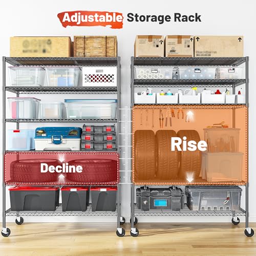 Romorgniz 6-Tier Rolling Storage Shelves, 82" H x 45" W x 18" D Adjustable Wire Shelving Unit with Locking Wheels, Heavy-Duty Metal Rack for Garage, Pantry, Kitchen, Basement – Black - size: 82"H X45"W X18"D-Black