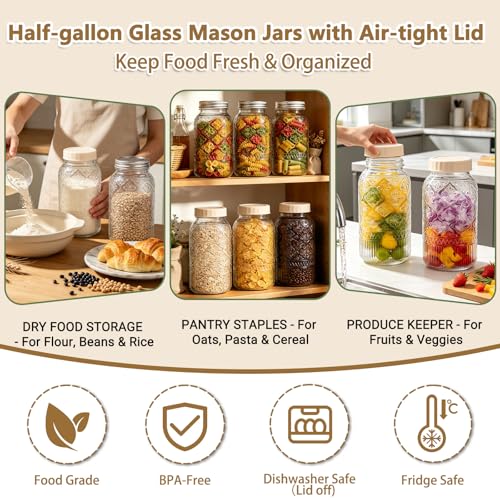 64oz Glass Mason Jars 1-Pack with Airtight Metal Split & Extra Plastic Lid | Half Gallon Wide Mouth Canning Jars, Large Glass Containers for Pantry Storage, Fermenting, Pickling, Cold Brew, DIY Projects - color: Clear-64OZ