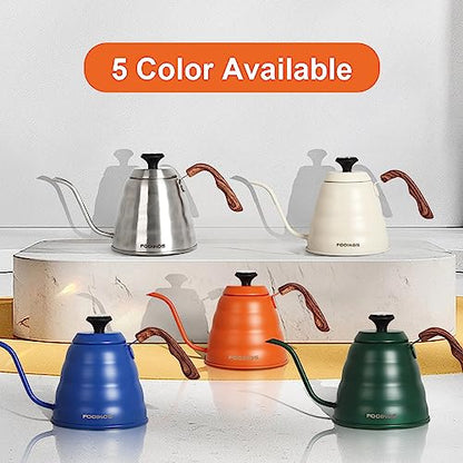 Gooseneck Kettle with Thermometer for Pour Over Coffee & Tea, 42 fl oz, Premium Stainless Steel, Accurate Temperature Control, Ideal Spout for Precision Pouring, Compatible with Stovetops - color: Orange