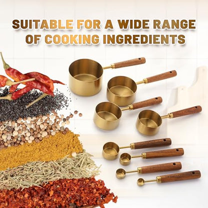 Premium Stainless Steel Measuring Cups and Spoons Set with Wood Handle, 8-Pieces Kitchen Essentials for Baking, Cooking, Coffee with Ergonomic Grip & Engraved Markings (Gold8) - color: Gold8