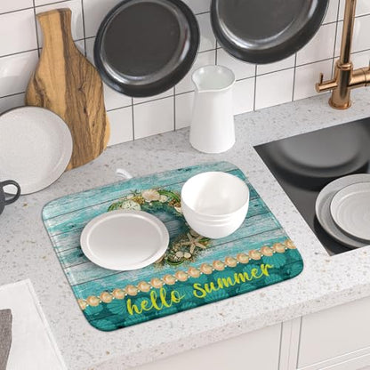 Hello Summer Dish Drying Mat for Kitchen Counter,Sea Shell Starfish Coastal Wreath Drying Mat 16 x 18 Inch with Absorbent Reversible Microfiber Drying Pad for Coffee Bar - size: 16" x 18"