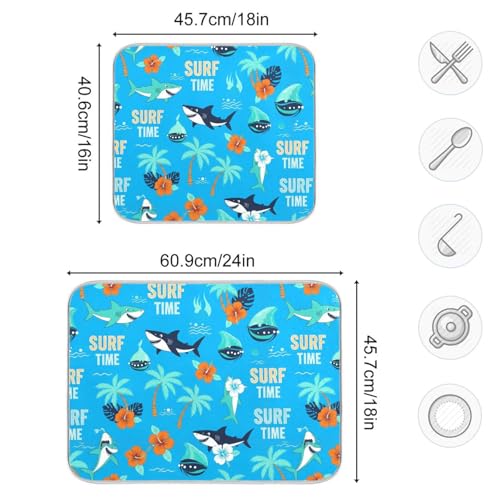 Shark Palm Trees Blue Dish Drying Mat for Kitchen Counter Super Absorbent Draining Mat with Non-slip Backed Sink Mats for Dish Bottles Cups Bowl Sinks Countertops Draining Racks