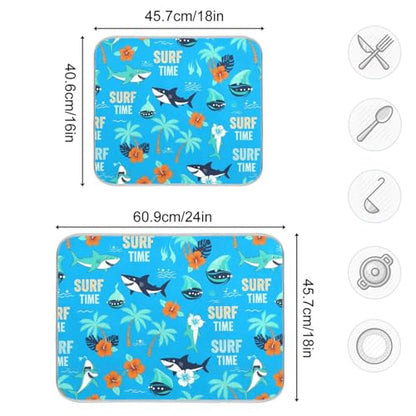 Shark Palm Trees Blue Dish Drying Mat for Kitchen Counter Super Absorbent Draining Mat with Non-slip Backed Sink Mats for Dish Bottles Cups Bowl Sinks Countertops Draining Racks