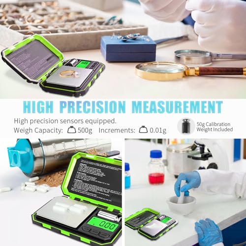 Fuzion Pocket Gram Scale, 500g x 0.01g Digital Jewelry Scale, 6 Modes Conversion Mini Scale with LCD Display, Tare for Herb, Food, Jewelry, Medicine - color: Green, size: 500/0.01g