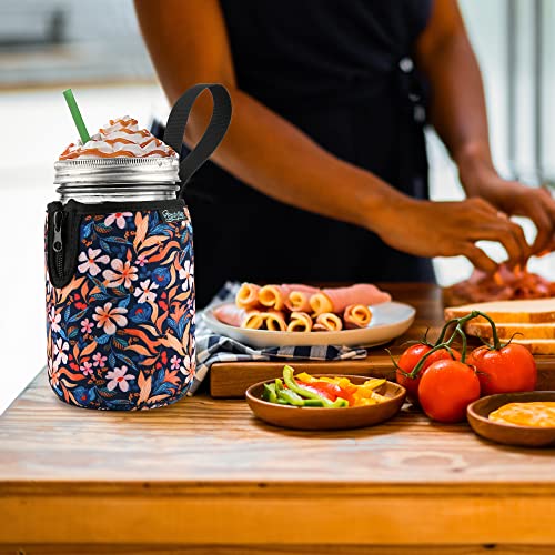 Beautyflier Mason Jars 32oz Wide Mouth Sleeve Regular Mouth Mason Jars Insulators Drinking Glass Coolers Sprouting Jars Blackout Sleeve (Colorful Flowers) - color: Colorful Flowers