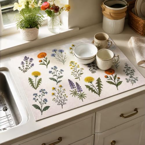 Non Slip Kitchen Countertop Drying Mat for Dishes,Floral Pattern | Size:15.7" x 19.6",Super absorbent coffee mat,Various tableware suitable for the kitchen