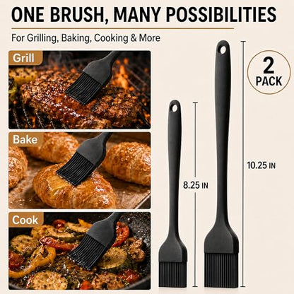 Silicone Pastry Brush, 2Pcs Kitchen Basting Brush for Baking Cooking Bbq Grill Spread Oil Butter Sauce - color: 10.2" Black+ 8.2" Black
