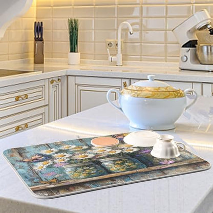 Butterfly Jars Dish Drying Mat Kitchen Dish Drying Pad Absorbent Microfiber Dish Mat for Coffee Bar Sinks Draining Racks 16x18 Inch - size: 16x18in