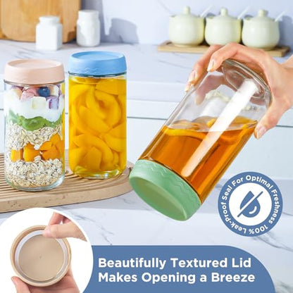 DRKIO 24 Oz Overnight Oats Containers with Lids - 4 Pack Glass Storage Jars with Airtight Lids Wide Mouth Mason Food Jars Great for Meal Prep Salad Chia Pudding Snacks Yogurt Sugar Spice Cereal - color: 24 Oz - 4 Colors