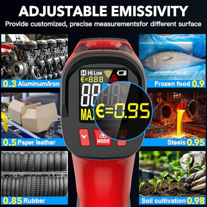 Infrared Thermometer Gun - TEMIRUP Non-Contact Digital Laser Temperature Gun with Color LCD Display for Cooking, Griddle, Engine, HVAC, IR Temp Gun with Adjustable Emissivity,-40℉~1202℉(-40℃~650℃) - color: Red -40℉~1202℉(-40℃~650℃)
