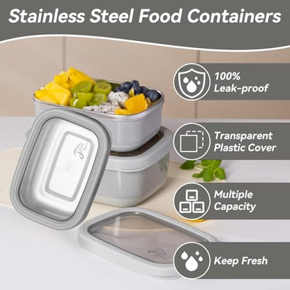 Lille Home Leak Proof Salad Container Stainless for Lunch - Snack Containers Steel - Ideal for Educational Settings & Daycare - Nesting Trio with Silicone Lids - 47oz+30oz+16oz - Grey - color: grey