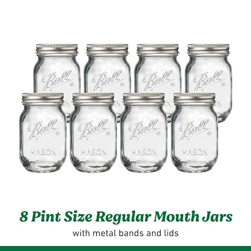 Ball Regular Mouth Pint 16oz. Glass Mason Jar with Lids and Bands, 8 Count - size: 16oz (8-Pack)