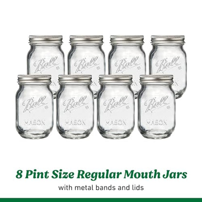 Ball Regular Mouth Pint 16oz. Glass Mason Jar with Lids and Bands, 8 Count - size: 16oz (8-Pack)