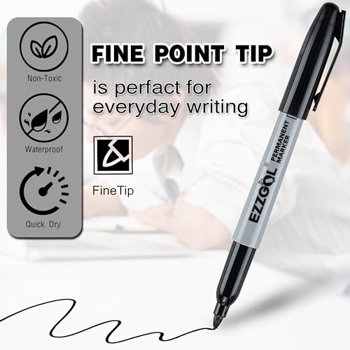 Ezzgol Black Permanent Markers Bulk, 24 Packs Fine Tip Permanent Marker, Waterproof Markers, Premium Smear Proof Pens, Quick Drying, Office Supplies for School, Office, Home