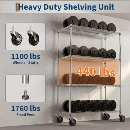 Garvee 4-Tier Wire Shelving with Wheels, Metal Storage Shelves Heavy Duty 1760LBS, Chrome Plating, NSF, Adjustable Utility Shelf Rack for Kitchen, Garage, Pantry, Commercial, 47.2" Wx17.7 Dx70.9 H - size: 17.72"D x 47.2"W x 70.9"H - 4 Tier