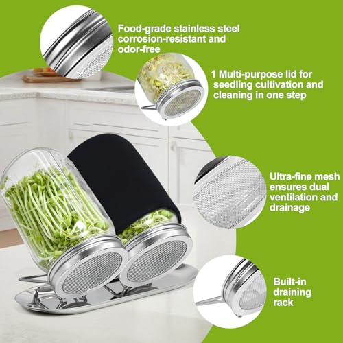 Uncle Yang Sprouting Lids Kit 2Pack Sprouting Lids for Wide Mouth Mason Jars with Stainless-Steel Sprouter Lids & Glass Mason Jars & Light-Blocking Sleeves for Broccoli, Alfalfa, Mung Bean - size: Sprouting Lids Kit 86mm