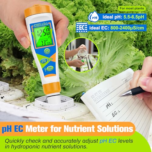 Digital pH Tester for Water pH EC PPM Meter for Hydroponics Nutrients with 1413μs/cm Calibration Solution pH Conductivity TDS Temperature Monitor Meter for Indoor Plant, Pool, Drinking Water
