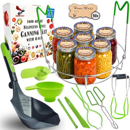 Supa Ant Complete Canning Starter Kit – 10pc Food-Grade Steel Set with XL Ladle, 6 Measuring Cups, Jar Lifter, Wide Mouth Funnel, Canning Rack (7-Jar Capacity) & 90 Labels –Beginner-Friendly, Green - color: Bright Green