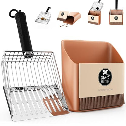 Cat Litter Scooper with Holder, Metal Litter Scoop Includes Portable Small Broom and Dustpan Set, Heavy Duty Stainless Steel Litter Scoop with Coarse and Fine Grid, Quick Sift and Easy Clean - color: Orange