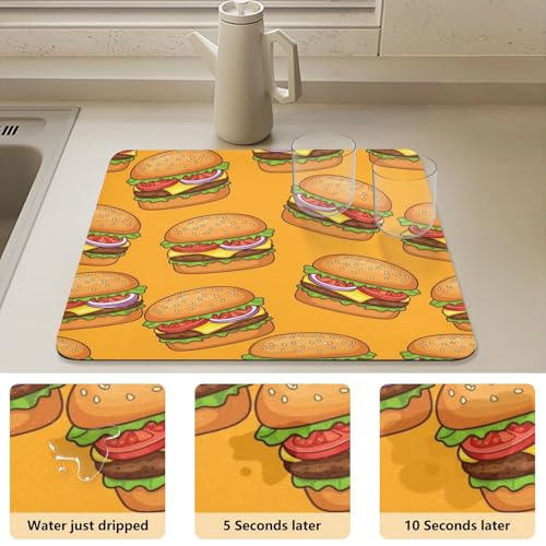 Cheeseburger Tomato Yellow Dish Drying Mat for Kitchen Counter Highly Absorbent Coffee Maker Mat Heat Resistant Dish Rack Pad for Sink Utensils Draining Racks 19.7" x 15.7" - size: 19.7x15.7inch