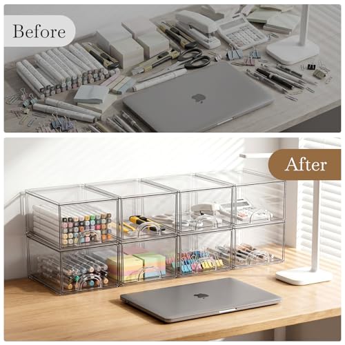 8 Pack Small Clear Stackable Acrylic Storage Boxes for Art Tool & Sketch, Storage Drawers, Storage Organizer, Clear Plastic Makeup Organizer, Ideal for Vanity, Cabinet, Desk Organization