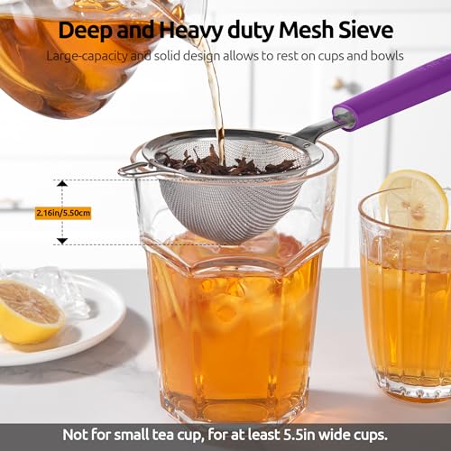 U-Taste Small Fine Mesh Strainer: 18/8 Stainless Steel 3.35in 30 Mesh Kitchen Food Sieve with Sturdy Riveted Silicone Handle, Heavy Duty Deep Handheld Metal Colander for Tea, Juice (Purple) - color: (5) Purple, size: S-3.35in