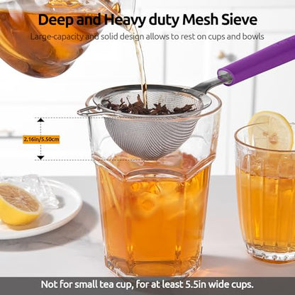 U-Taste Small Fine Mesh Strainer: 18/8 Stainless Steel 3.35in 30 Mesh Kitchen Food Sieve with Sturdy Riveted Silicone Handle, Heavy Duty Deep Handheld Metal Colander for Tea, Juice (Purple) - color: (5) Purple, size: S-3.35in