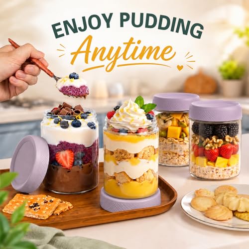 16 oz Overnight Oats Containers with Lids, 6 Pack Wide Mouth Mason Jar with Lid, Yogurt Containers with Lids for Kitchen, Glass Jars for Storage, Pudding, Chia, Prep, Snack, Sugar, (Purple) - color: Purple
