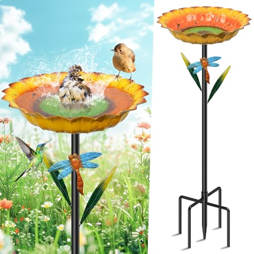 Metal Sunflower Bird Baths for Outside, 2” Deep x 10.2" W Vintage Bird Feeder Water Bowl with 5 Prongs Base, 34” Freestanding Garden Birdbaths for Outdoors Patio Yard Lawn Art Decor Yellow - color: Yellow