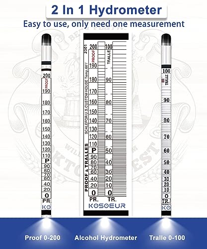 Hydrometer Alcohol Meter Kit, Hydrometer Alcohol 0-200 Proof and Tralle, Alcohol Tester for Liquor, Alcohol Hydrometer for Moonshine, Liquor, Spirits, Proofing, Distilling, with Hydrometer Test Jar