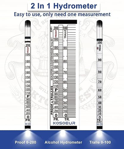 Hydrometer Alcohol Meter Kit, Hydrometer Alcohol 0-200 Proof and Tralle, Alcohol Tester for Liquor, Alcohol Hydrometer for Moonshine, Liquor, Spirits, Proofing, Distilling, with Hydrometer Test Jar