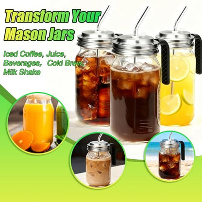 Palksky Mason Jar Lids with Straw Hole Wide Mouth, Stainless Steel Drinking Lid with Handle & Silicone Rings, Spill-Resistant Mason Jar Straw Lid for Iced Coffee, Juice, Lemonade (2 Packs) - style: Wide Mouth Lids with Straw Hole & Handle 2 Packs