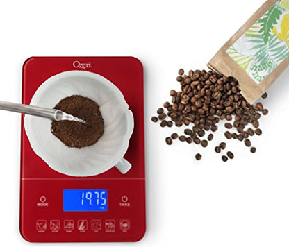 Ozeri Touch III 22 lb (10 kg) Digital Kitchen Scale with Calorie Counter in Tempered Glass, Red Engine - color: Red Engine