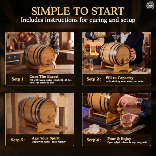 2 Liter Oak Aging Barrel with Wood Stand, Bung & Spigot - Mini Whiskey Barrels for The Home Alcohol Distiller, Moonshiner & Winemaker - Age Cocktails, Bourbon, Whisky, Tequila, Rum, Mead Wine (2L) - size: 2 Liter