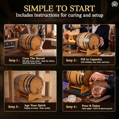 2 Liter Oak Aging Barrel with Wood Stand, Bung & Spigot - Mini Whiskey Barrels for The Home Alcohol Distiller, Moonshiner & Winemaker - Age Cocktails, Bourbon, Whisky, Tequila, Rum, Mead Wine (2L) - size: 2 Liter