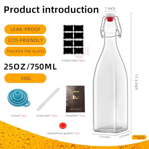1Pc 25oz Square Swing Top Glass Bottles, 750ML Bottles with Airtight Stoppers for Kombucha, Kefir, Vanilla Extract, Beer(Bonus Gaskets, Labels and Funnel)