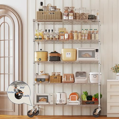 Garvee 5-Tier Metal Shelving with Wheels, Adjustable Storage Shelves Heavy Duty 2000LBS, Chrome Plating Utility Rack NSF Wire Shelving, for Kitchen, Garage, Pantry, Commercial, 47.2" Wx17.7 Dx70.9 H - size: 17.7"Dx 47.2"W x 70.9"H - 5 Tier