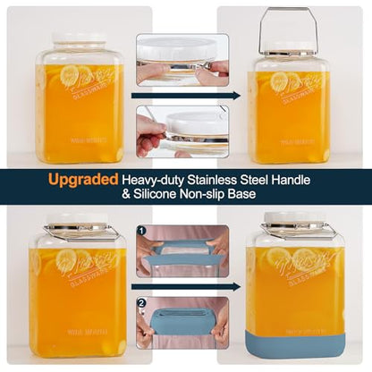 2 Pack 2 Gallon Glass Jar with Airtight Lid, 256 Oz Large Wide Mouth Mason Jar with Non-slip Base & Stainless Steel Handle - Glass Food Storage Containers for Flour, Cereals, Rice and Picking
