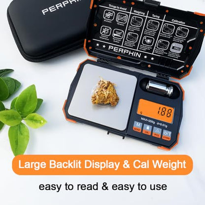 Pocket Scale, Dual Powered, Precision Gram Scale with Zipper Case, Digital Small Coin Scale, Large Backlight Display, 200g x 0.01g, 6 Weighing Units,Cal Weight, USB Cable Included - color: Orange