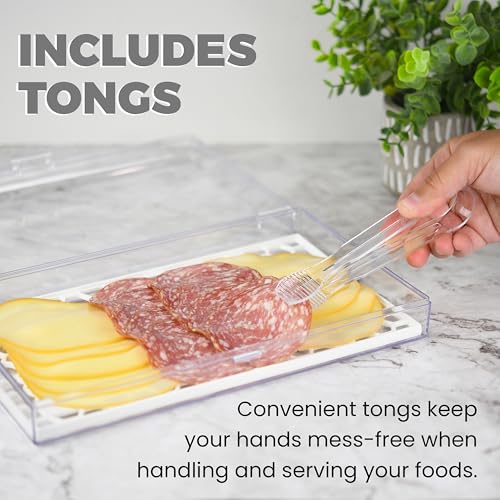 GlossyEnd Deli Meat and Cheese Storage Container with Tong, Bacon Storage Container with Perforated Tray for Freshness, Clear Durable Plastic - Dishwasher and Freezer Safe - Size: 11” x 6.5” x 2”