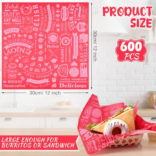 Outus 600 Pcs 12 x 12 Inch Deli Wax Paper Sheets Grease Resistant Tray Basket Liners Newsprint Paper Water and Grease Proof Sandwich Wrapping Square Hot Dog Wrappers for Food Baking (Red) - color: Red