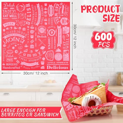 Outus 600 Pcs 12 x 12 Inch Deli Wax Paper Sheets Grease Resistant Tray Basket Liners Newsprint Paper Water and Grease Proof Sandwich Wrapping Square Hot Dog Wrappers for Food Baking (Red) - color: Red