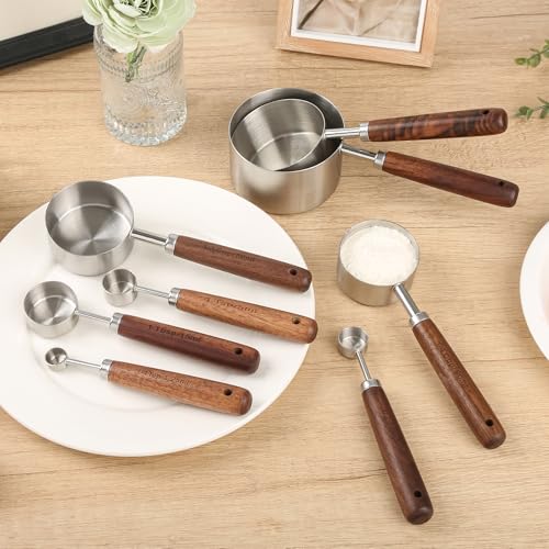 Measuring Cups and Spoons Set 8, 18/8 Stainless Steel Measuring Cups and Spoons Set for Baking and Kitchen, Metric & US Metal Measure Cup & Spoon with Wood Handle for Dry & Liquid - color: Siliver
