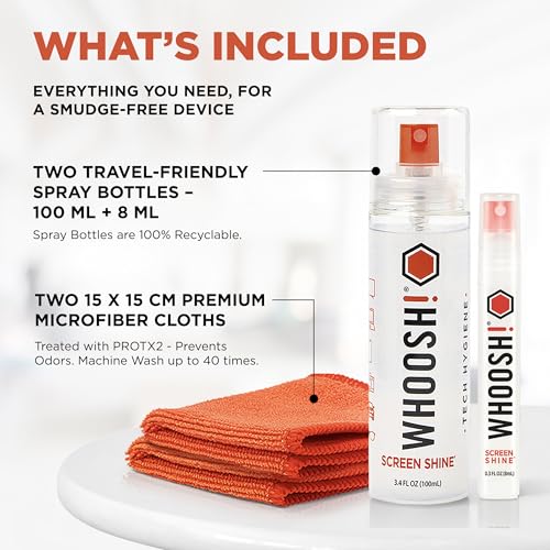 WHOOSH! Screen Shine Duo - Screen Cleaner Spray for iPad, Monitor, Laptop, MacBook - 3.4 oz & 0.3 oz Bottles with 2 Microfiber Cloths - Portable Electronic Cleaning Kit for Travel, Office, and Home - size: 3.7 Fl Oz (Pack of 1)