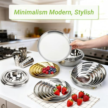 Stainless Steel Plates, 4 Pack 11.8 inch Large 201 Metal Food Serving Plate Set, Reusable Snack Eating Dishes Round Shatterproof Brushed Finish Dish Silver Dinner Lunch Oven Dishwasher Safe - size: 11.8"
