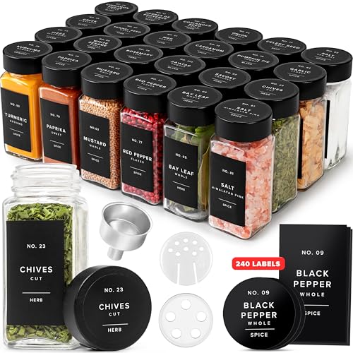 EDELHAUS® Square Spice Jars with Bamboo Wooden Lid (Pack of 24) Spice Jars with Shaker Insert and 240 Labels - Bamboo Lid Glass Container for Spice Organisation [4.3 in × 1.8 in] - color: Black Bamboo Lid